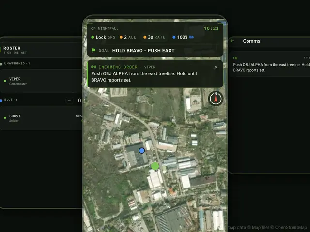 Phalanx on a phone: the live tactical map, with the squad roster and comms either side.