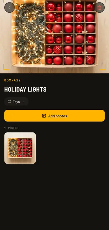 A single box: the contents photo large at the top, its barcode and label beneath, and the rest of its photos in a grid.